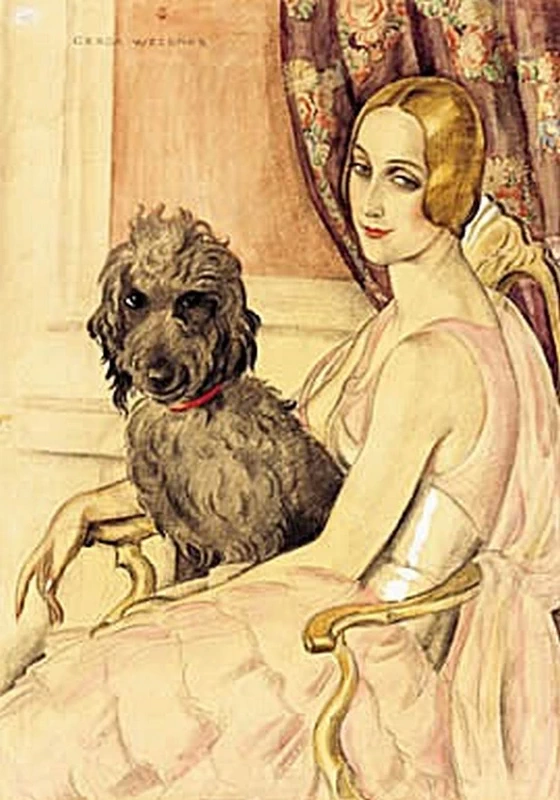 Ritratto della ballerina solista Ulla Poulsen seduta con il suo cane in grembo
